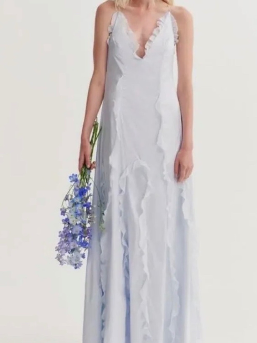 For Love and Lemons Brittany Maxi Gown in Baby Blue Silk Satin